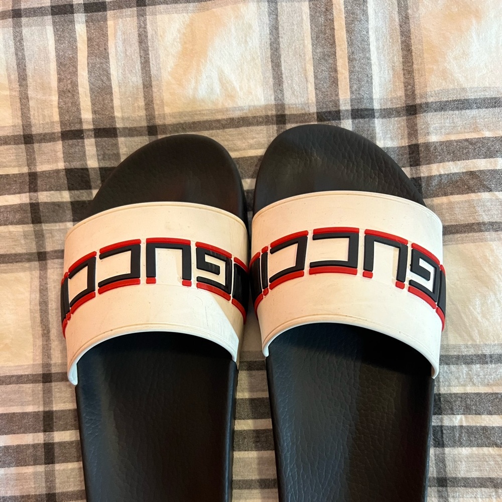 Red, White and blue Gucci Slides